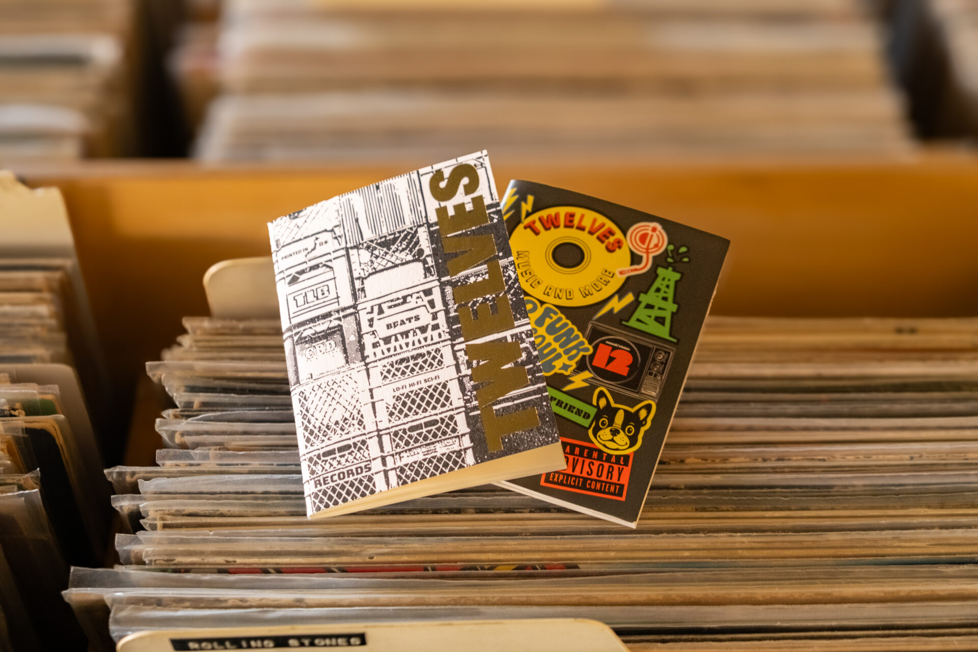 TRAVELER'S notebook refill TWELVES RECORD (Passport Size) on top of a bin filled with 12" record vinyls.