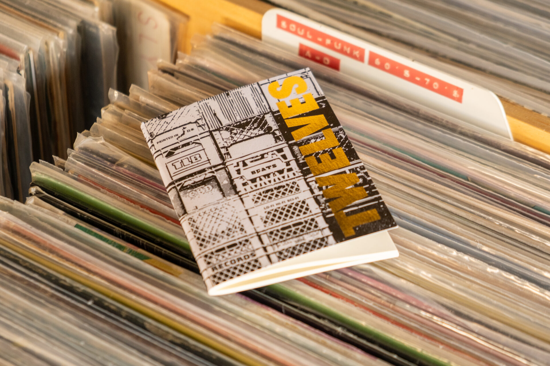 TRAVELER'S notebook refill TWELVES RECORD (Passport Size) on top of a bin filled with 12" record vinyls.
