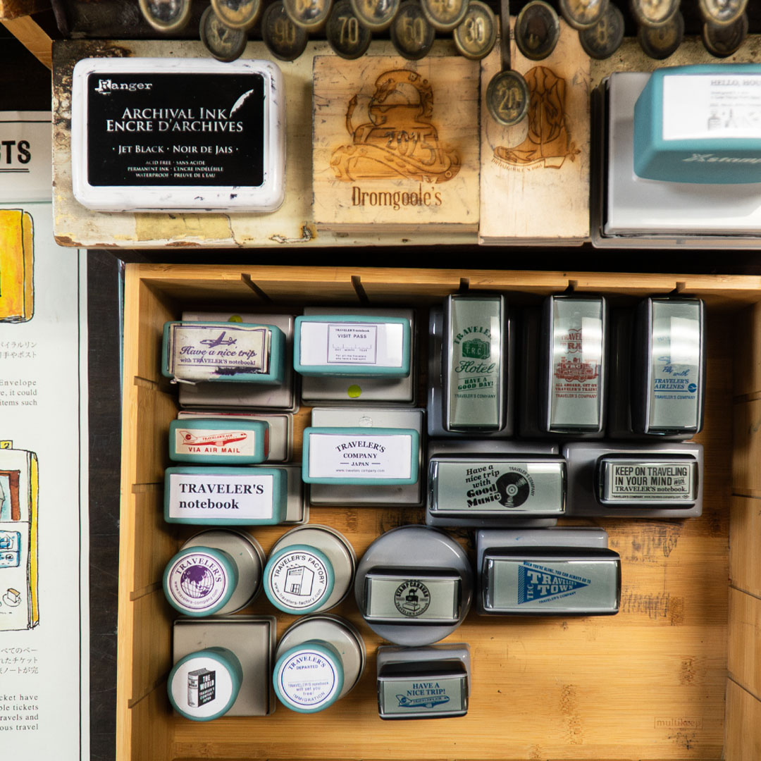 The stamp display inside Dromgoole's Fine Writing during the Stamp Caravan event.