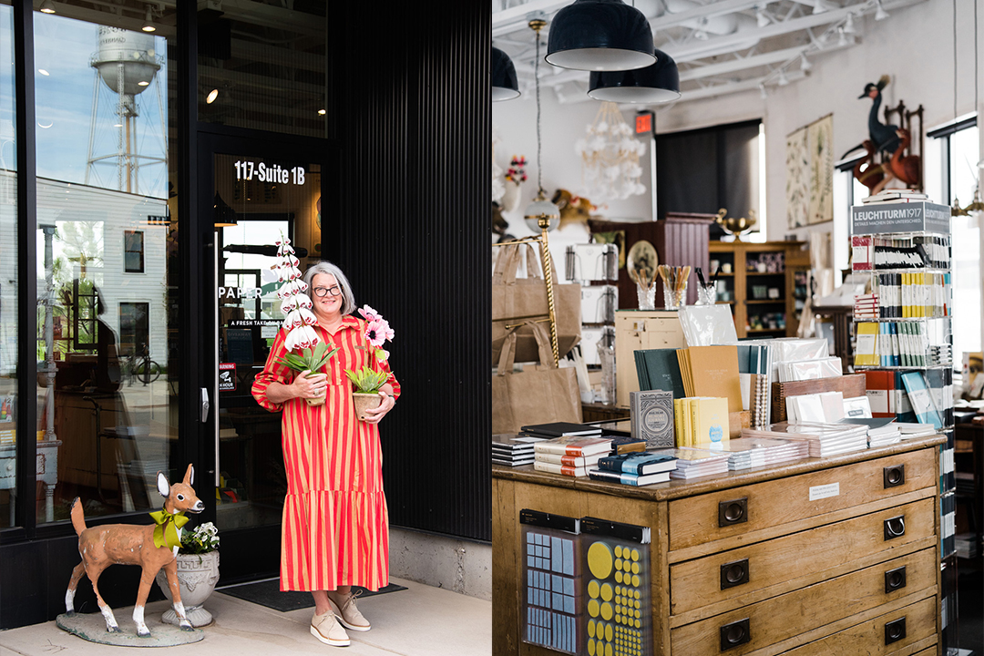 Jill, the owner of Paper and Grace standing outside their store, as well as an interior shot of the shop filled with paper goods, craft supplies and stationery.