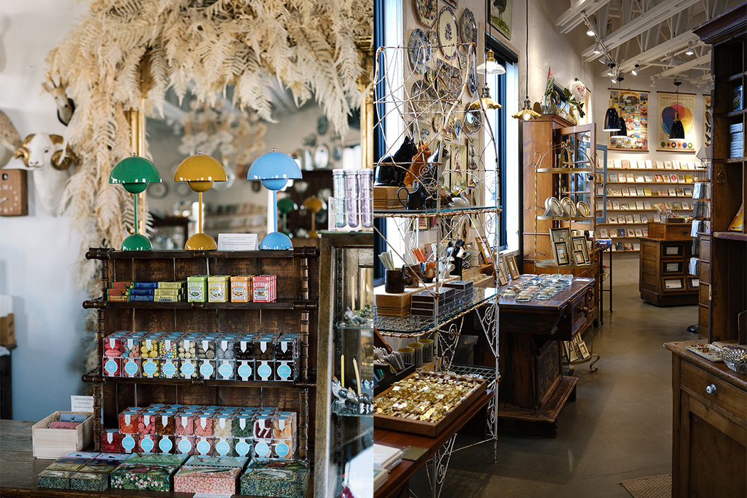 The interior of Paper and Grace stationery shop is filled with paper goods, stationery and beautiful vintage wooden decor and dried flowers.