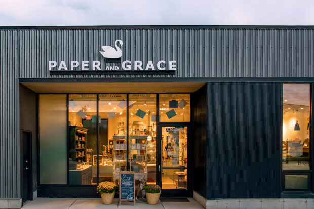The exterior of the Paper and Grace Shop, a stationery store located in Bozeman, Montana.