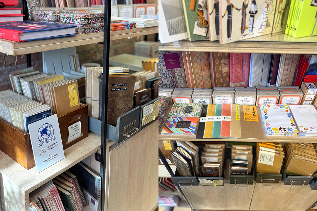 The interior of Paper & Pencil is filled with filing cabinets that have been converted to displays to hold all the TRAVELER'S COMPANY items like TRAVELER'S notebooks, inserts, pen holders, and other accessories.