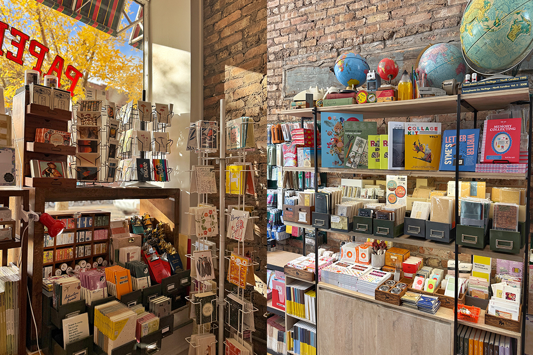 The interior of Paper & Pencil is filled with wood and metal shelves filled with different paper goods, stationery and books about creativity, art and stickers.