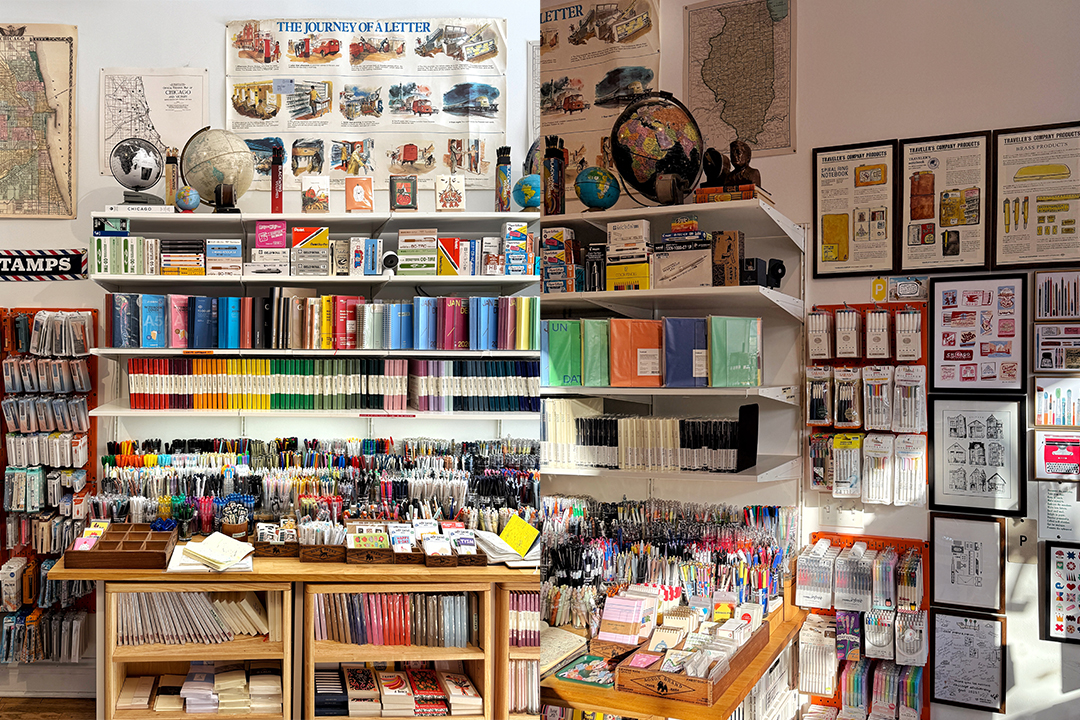 The interior of Paper & Pencil has a large table filled with various pens and the shelves above it are filled with multi-color notebooks.