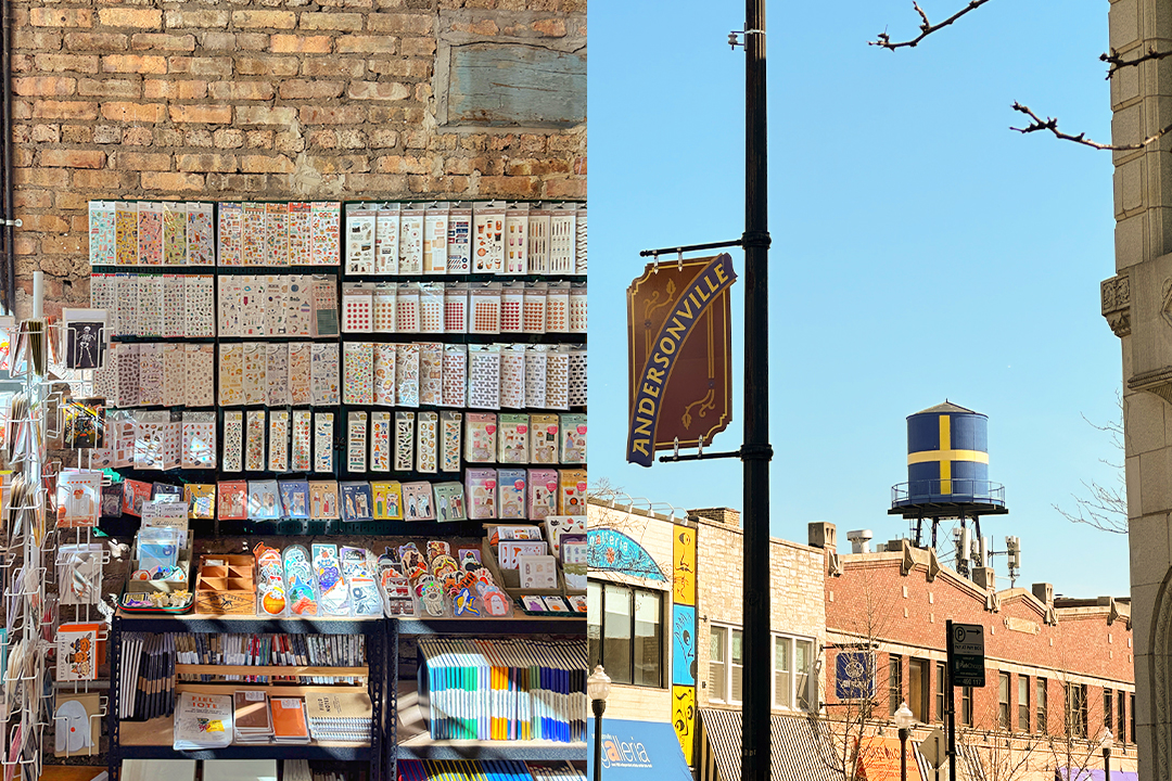 The interior of Paper & Pencil is filled with sticker sheets and stationery hanging on a brick wall of the store, and the exterior shot of Andersonville which has an old water tower in the background.
