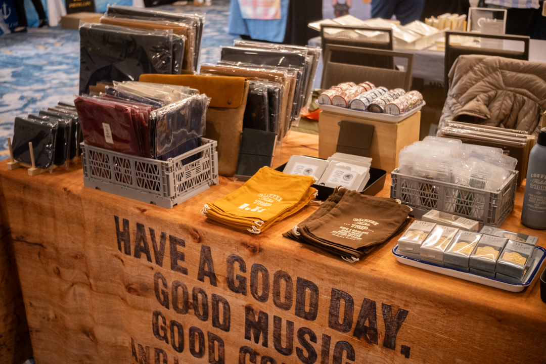 Fully stocked notebooks and other stationery at the TRAVELER'S COMPANY USA table at the California pen show.