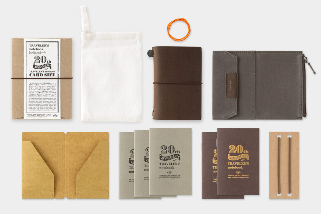 An overview of all the contents inside the 20th Anniversary TRAVELER'S notebook Card Size Set Brown.