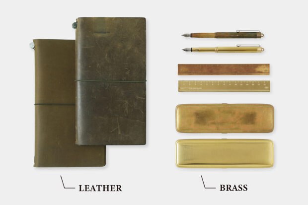 A new Olive TRAVELER'S notebook and new TRC Brass Products besides used versions of those products to show the aging process and patina of those items.