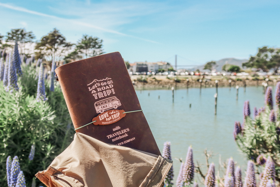 A person holding a Road Trip Edition TRAVELER'S notebook in front of a scenic waterfront dock.
