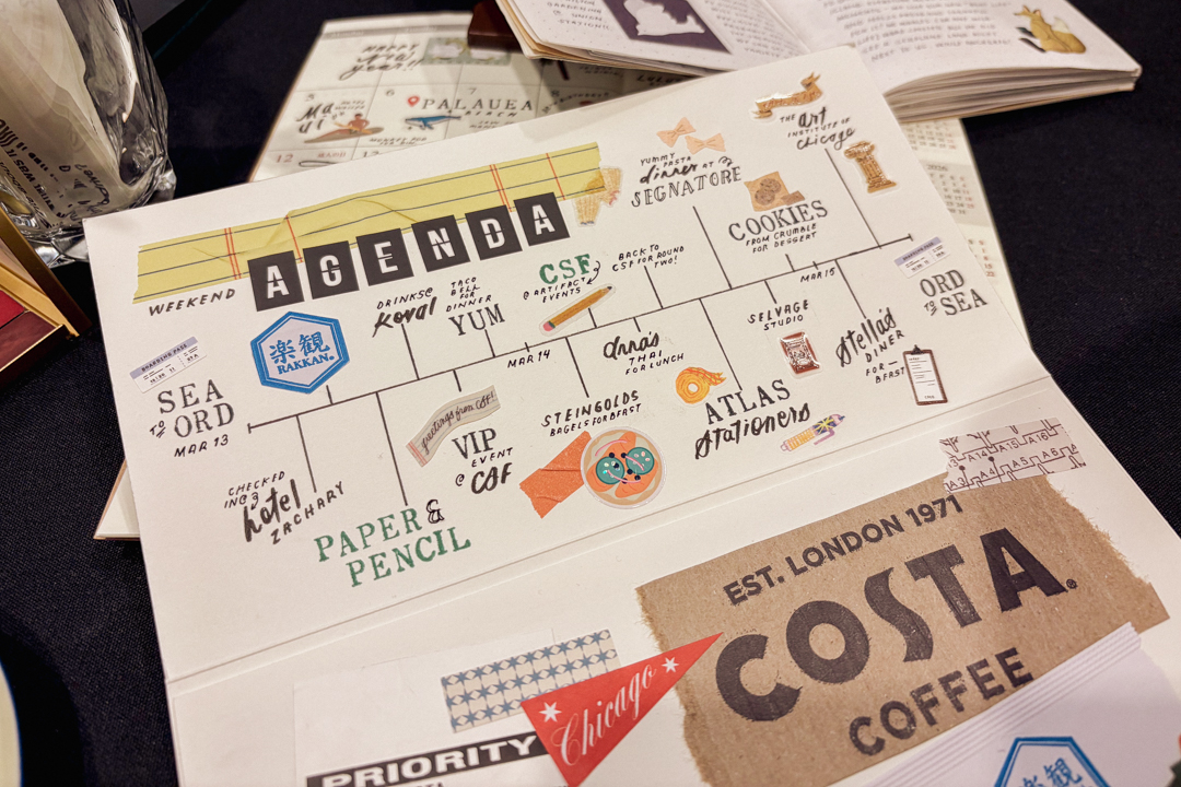 A close-up of a TRAVELER'S notebook journal which has some travel ephemera glued into it.