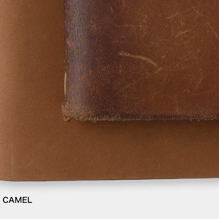 A close-up of a new Camel TRAVELER'S notebook beside a used Camel TRAVELER'S notebook to showcase the patina and aging process of leather with use and time.