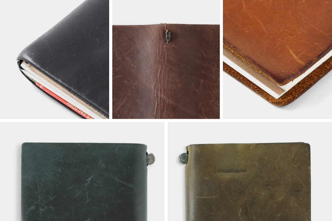 Close-up frames of different TRAVELER'S notebook which have been used for many years, showing wrinkles, marks, scratches and deeper color due to leather patina.