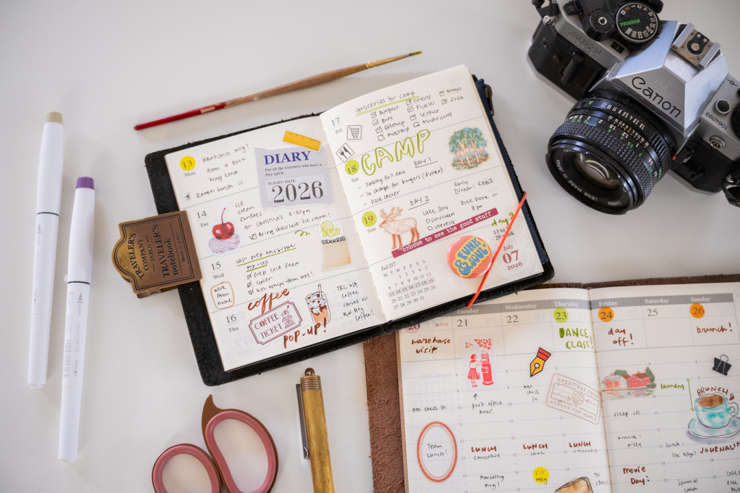 TRAVELER'S notebook DIARY 2026 Second Half decorated with stickers and writing.