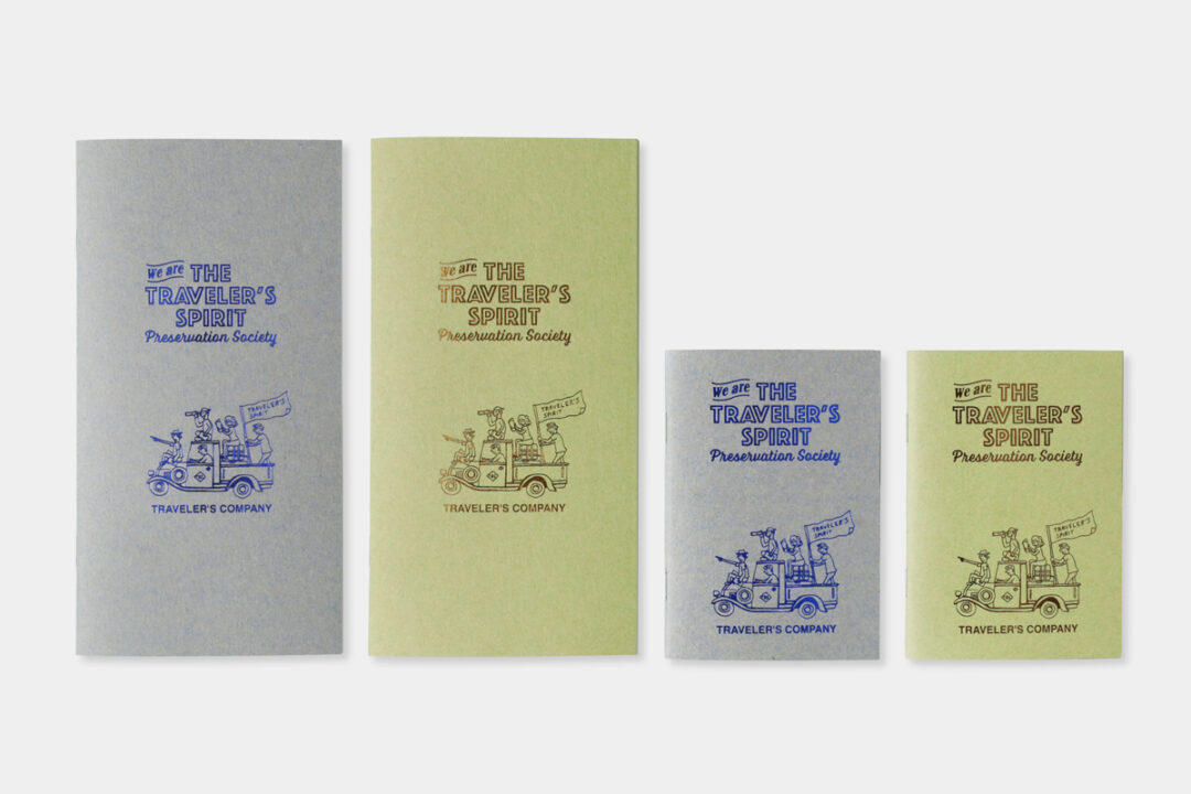 TRAVELER'S notebook Refill TRAVELER'S SPIRIT Special Edition in green and gray.