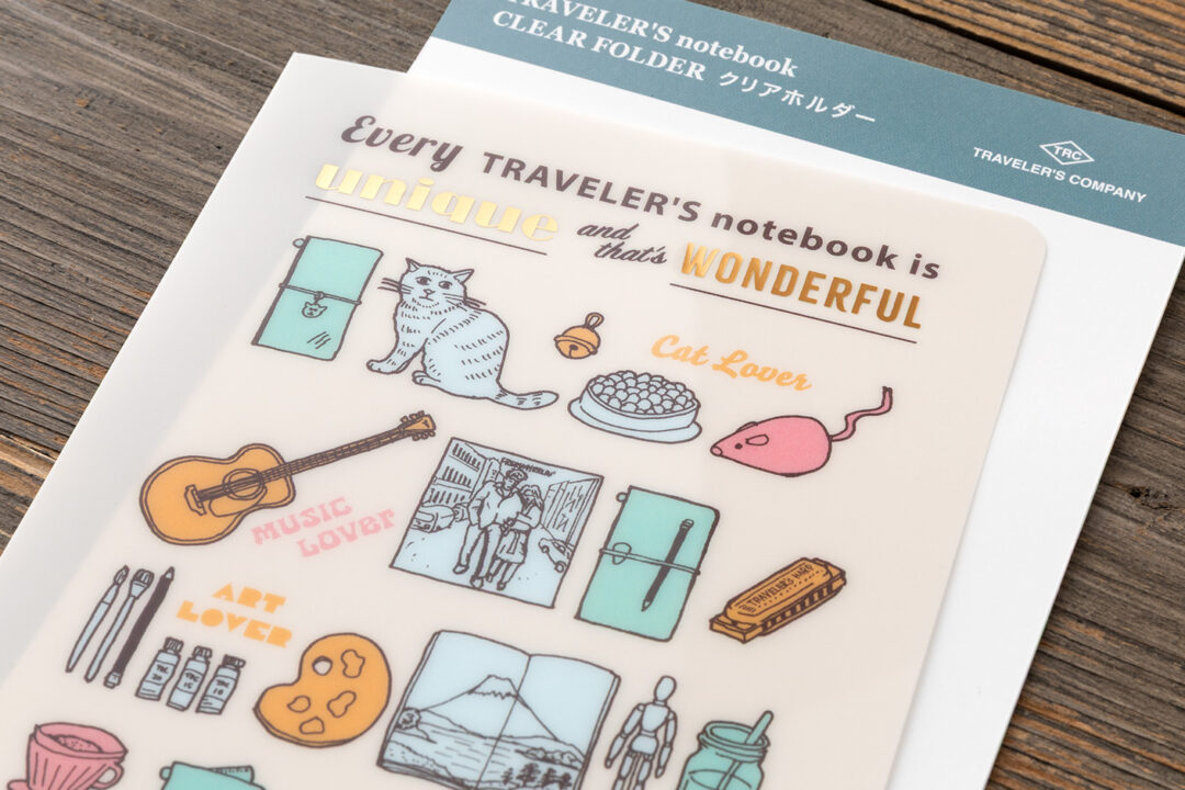 Clear Folder in Regular Size featuring the theme: “Every TRAVELER’S notebook is unique and that’s wonderful.”