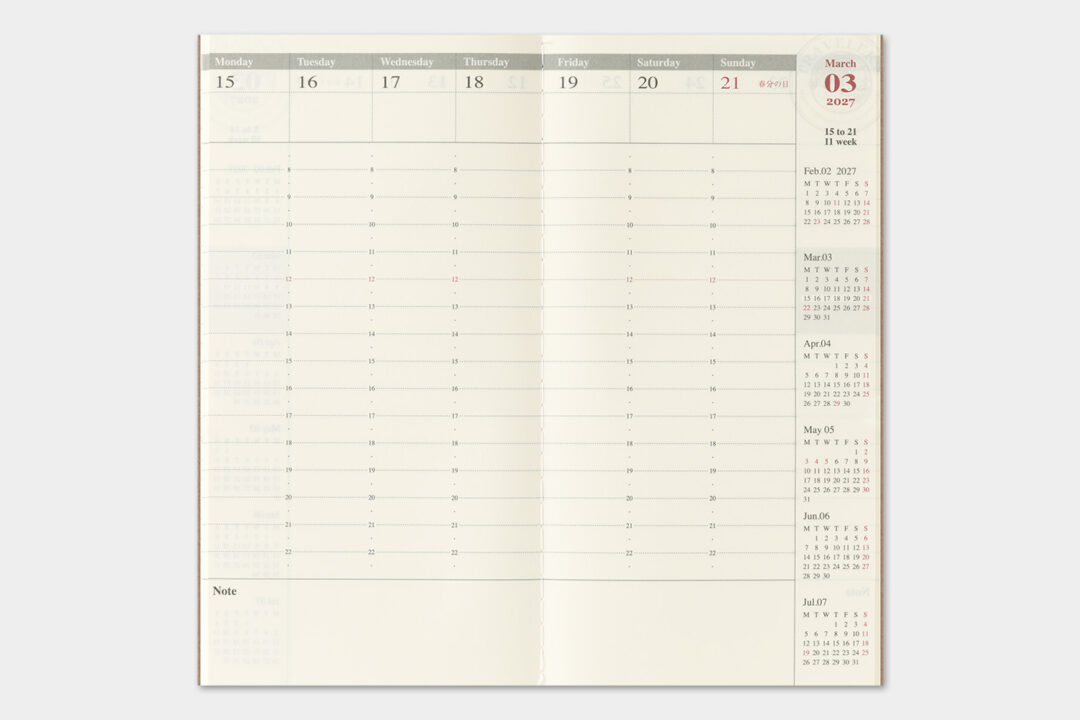 Weekly vertical layout across two pages with 30 minutes increments.