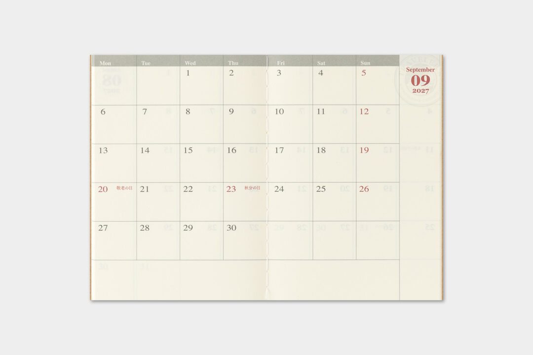 Monthly calendar layout across two pages.