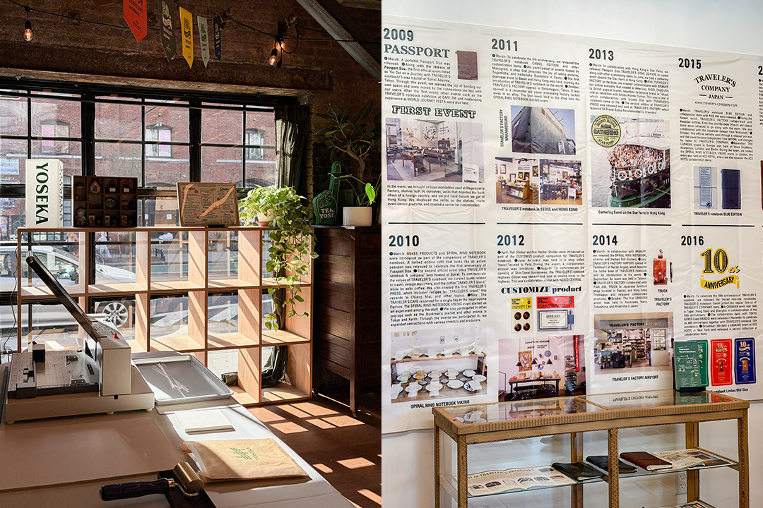 A collage of late afternoon sunlight streaming into the event space and the wall filled with TRAVELER'S COMPANY 20-year history guide.