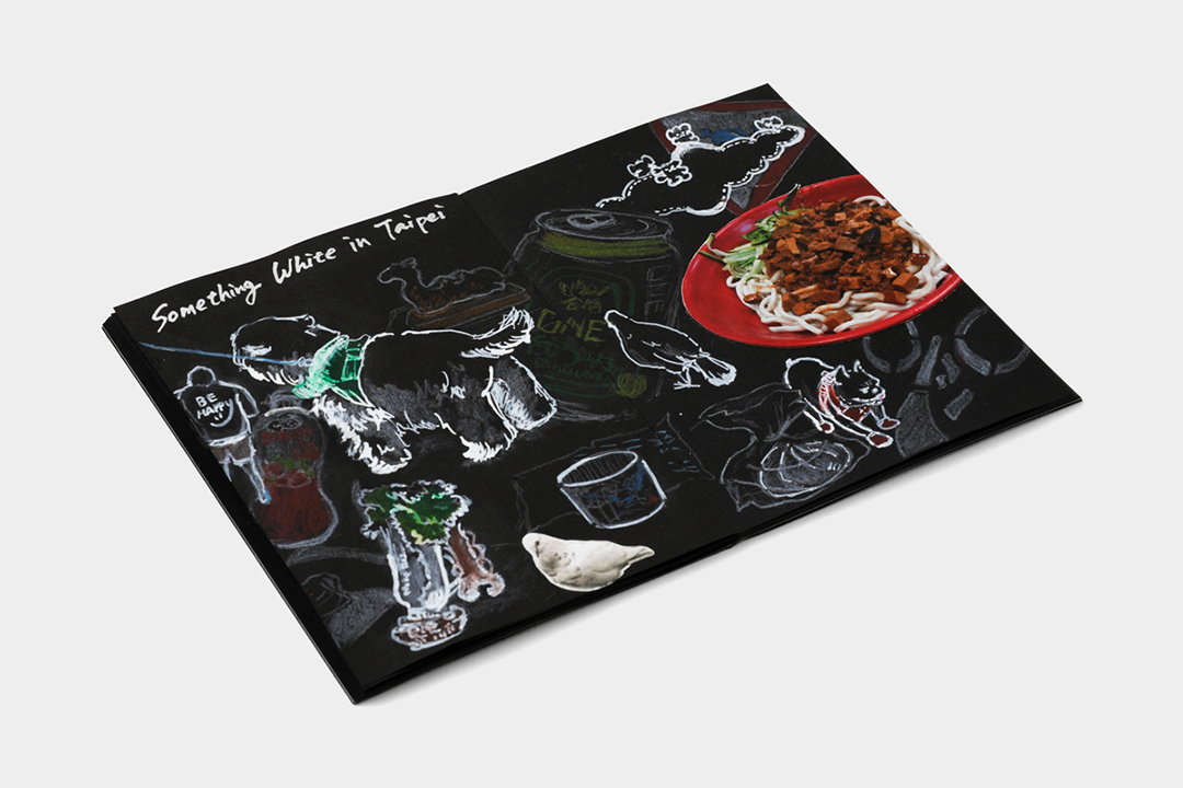 A page filled with illustrations of white ink on black paper.