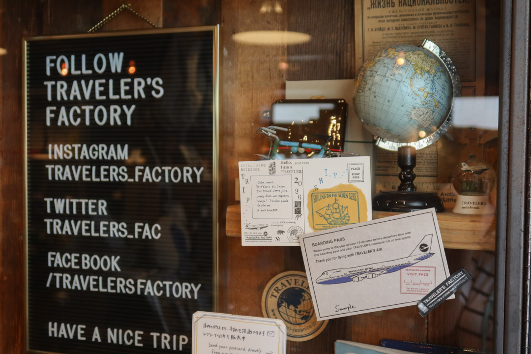 A vintage-style shadow box filled with TRAVELER'S notebook items and accessories.